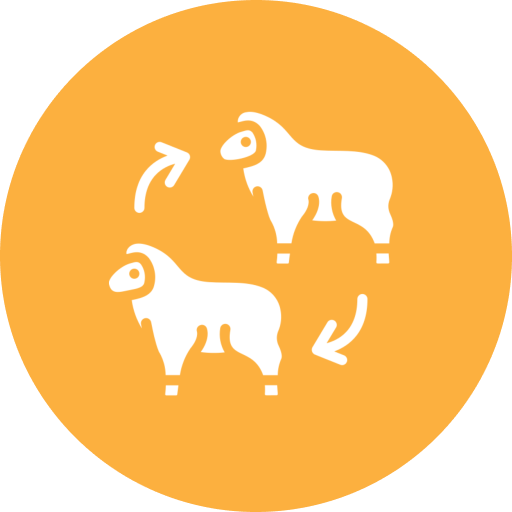 Two sheep with arrows in orange circle.